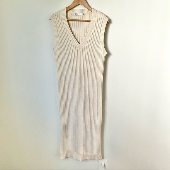 Zara Sleeveless Ribbed Midi Sweater Dress Cream Size Large - Picture 3 of 8